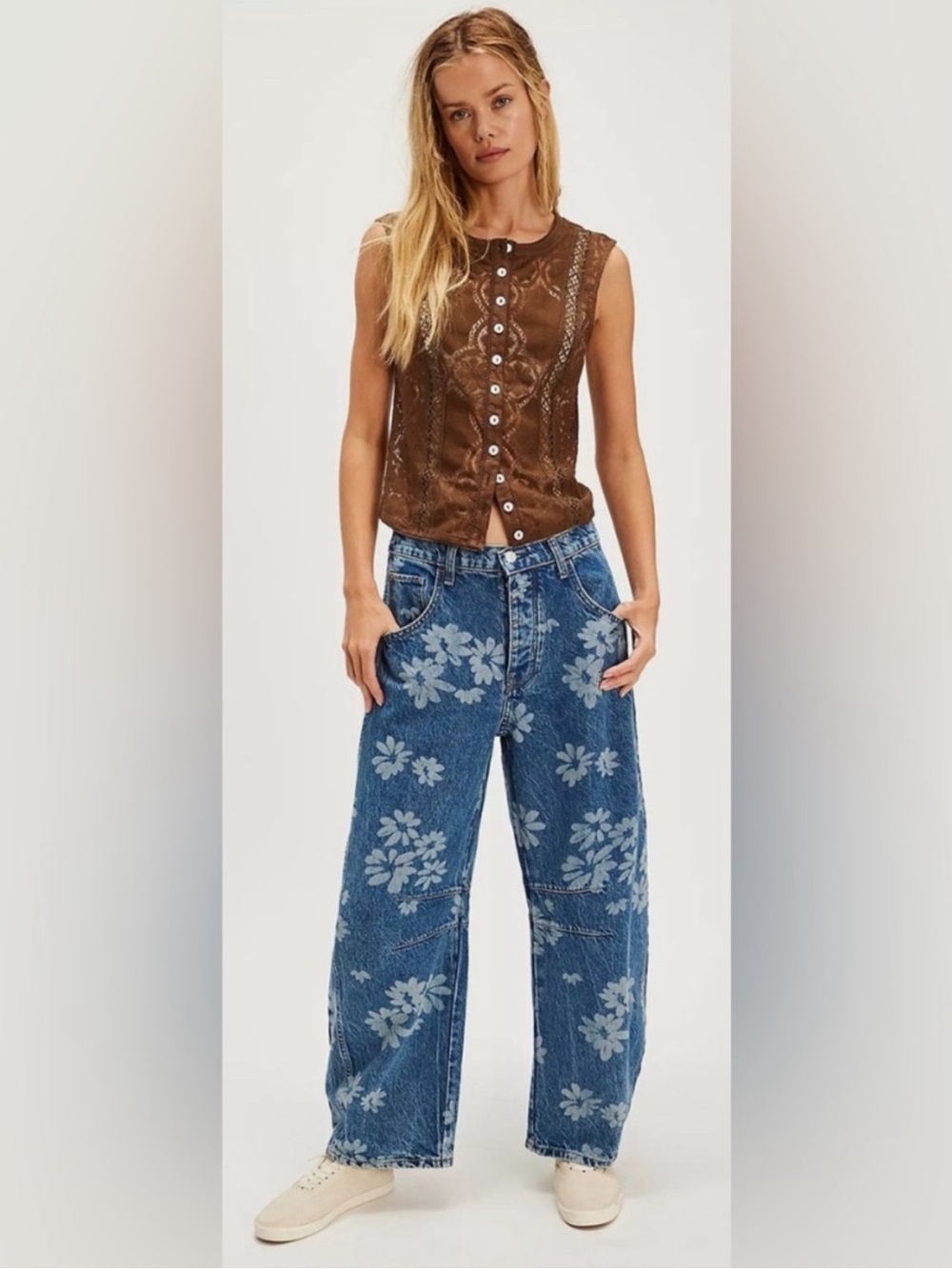 We The Free Blue Floral Wide Leg Jeans
